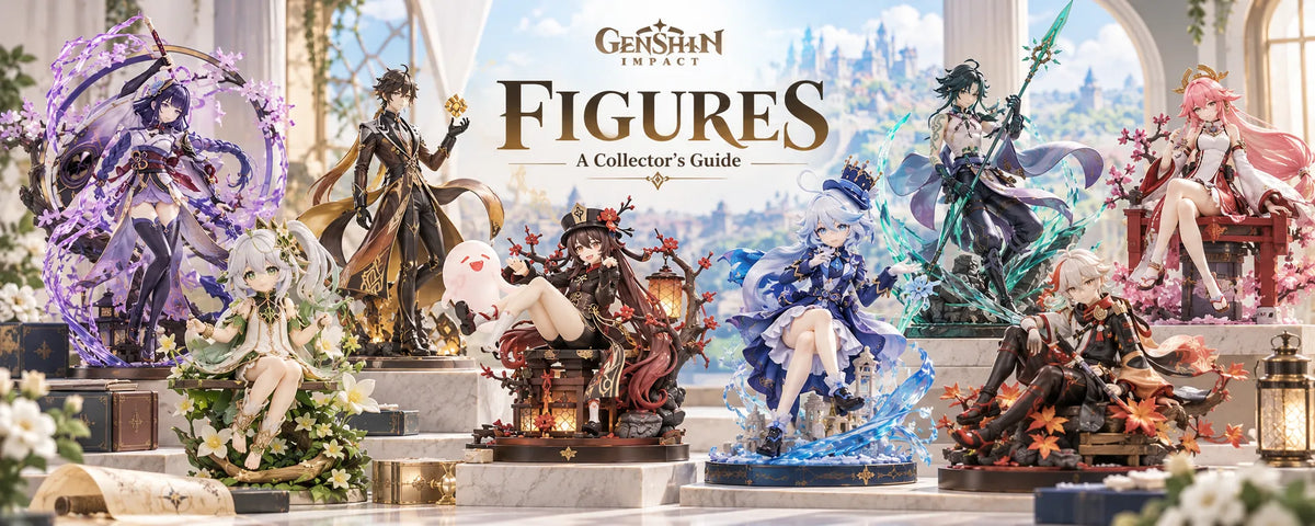 Genshin Impact figure collection featuring Raiden Shogun, Nahida, Zhongli, Hu Tao, Furina, Xiao, Yae Miko, and Kaedehara Kazuha.