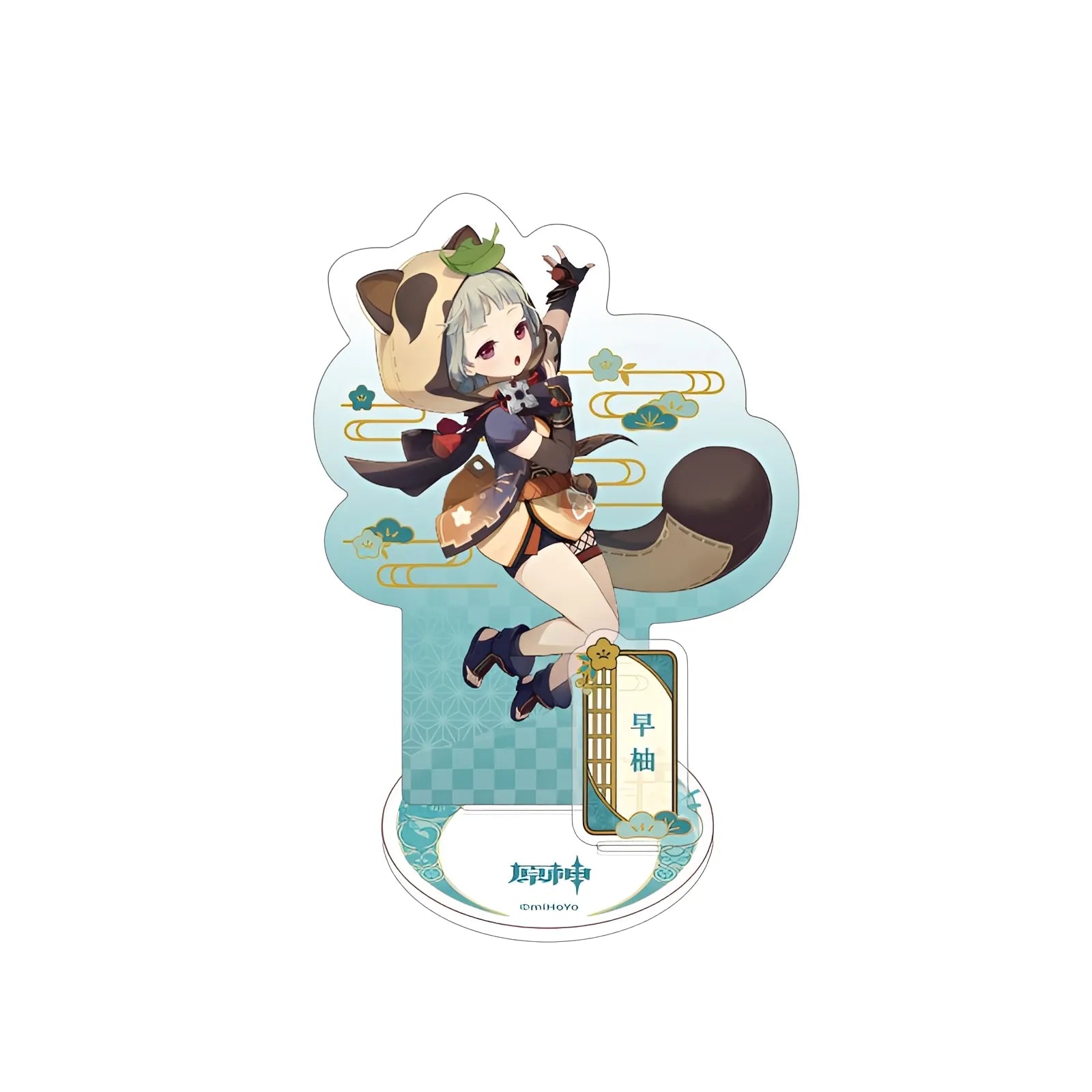 Official Genshin Impact Sayu merchandise collection featuring figures, acrylic stands, badges, keychains, and plush toys