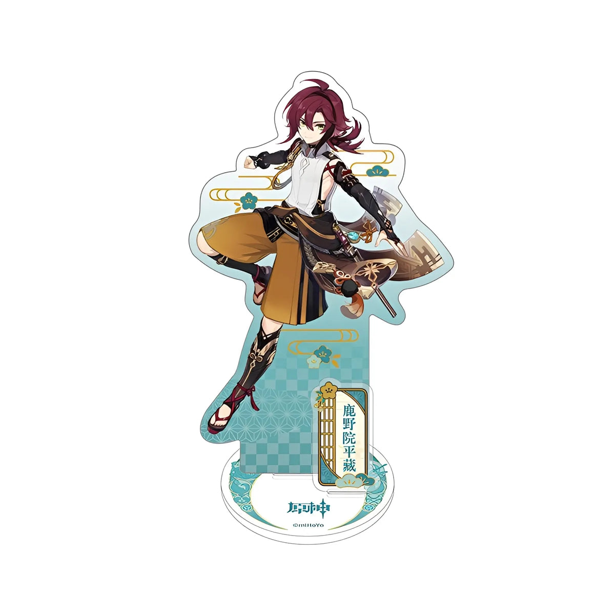 Official Genshin Impact Shikanoin Heizou merchandise collection featuring figures, acrylic stands, badges, keychains, and plush toys