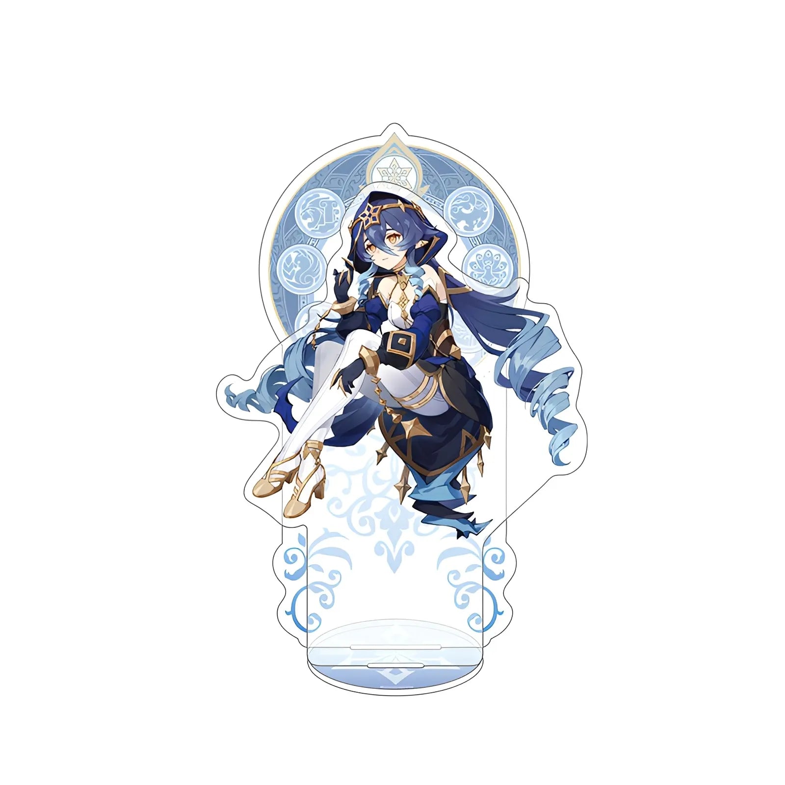 Official Genshin Impact Layla merchandise collection featuring figures, acrylic stands, badges, keychains, and plush toys