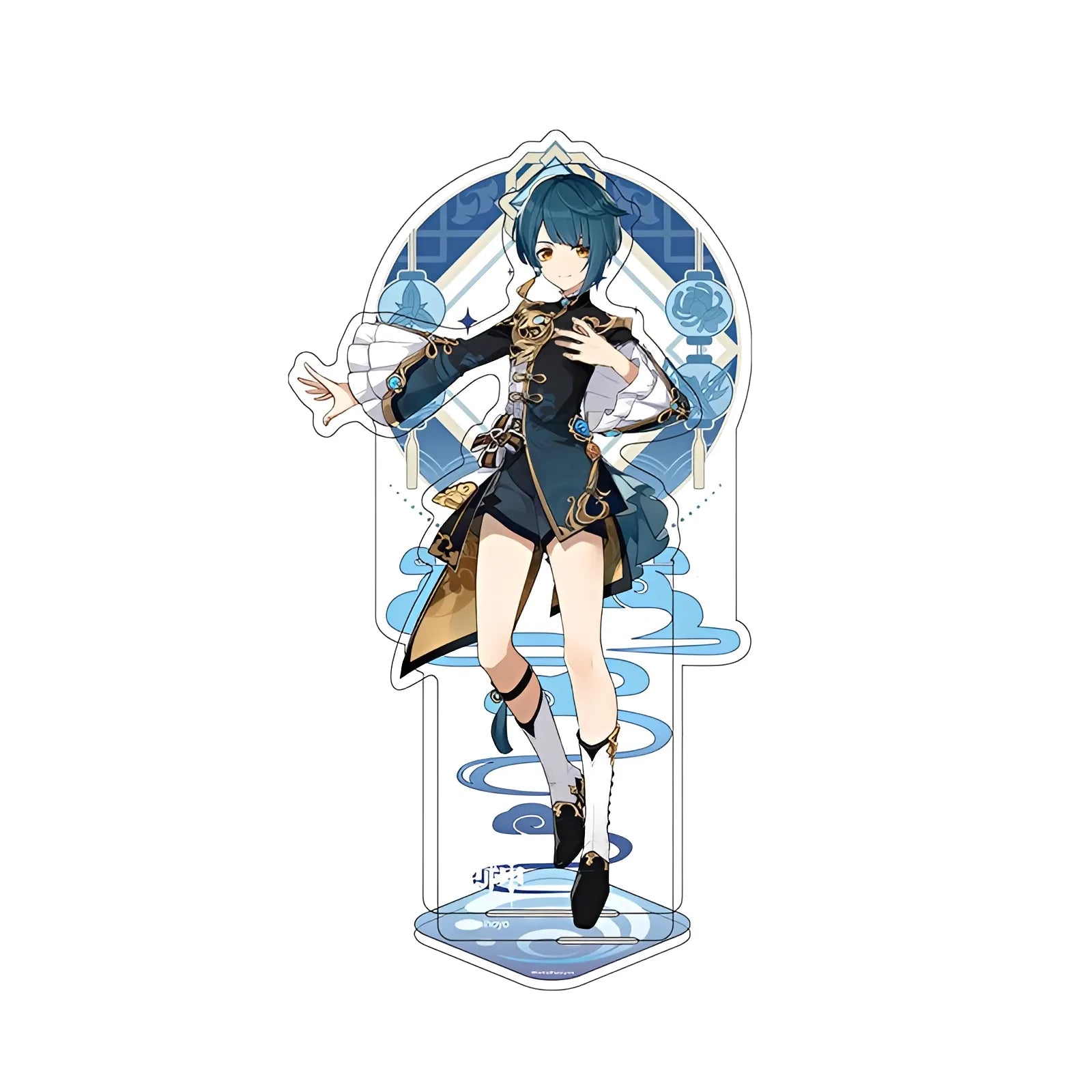Official Genshin Impact Xingqiu merchandise collection featuring figures, acrylic stands, badges, keychains, and plush toys
