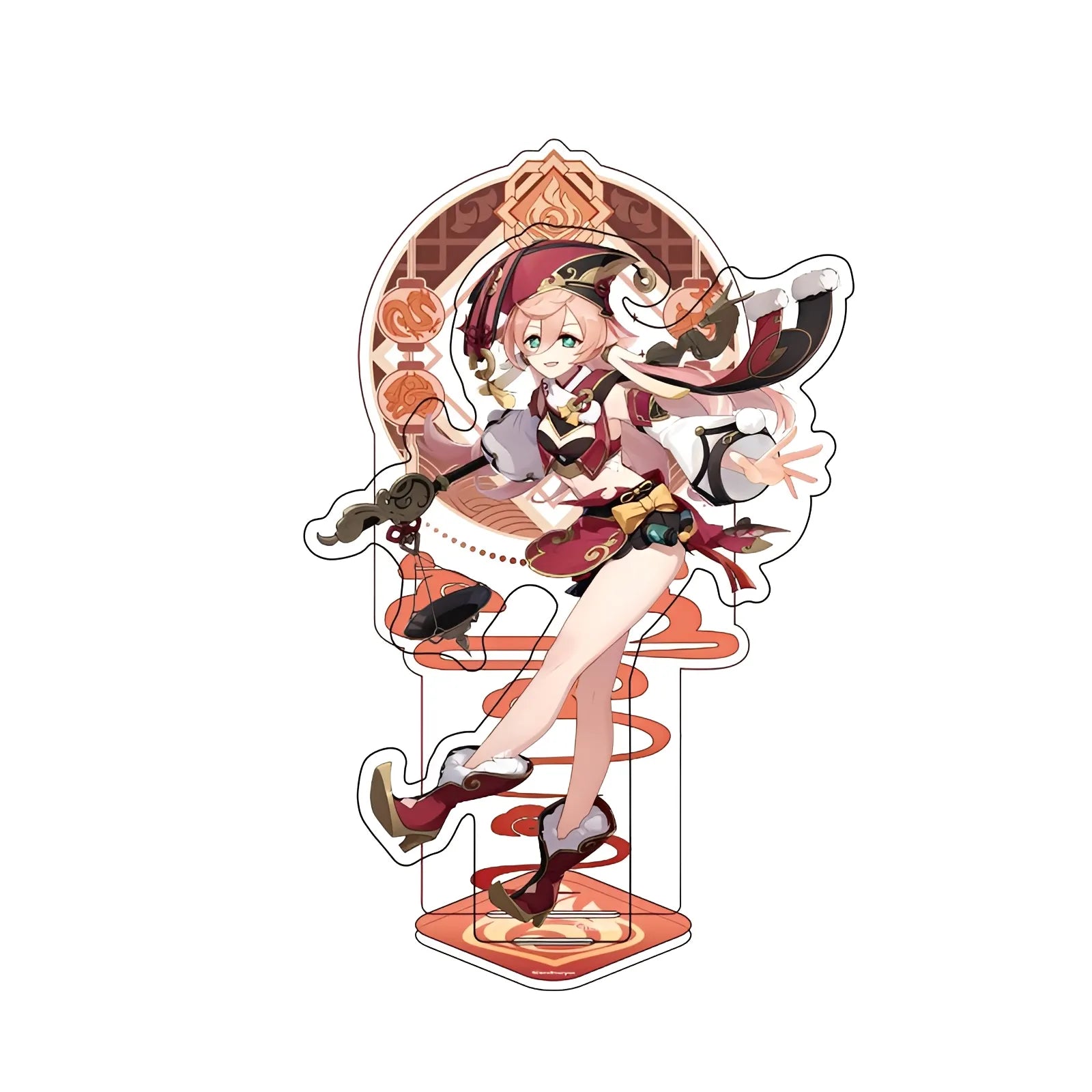 Official Genshin Impact Yanfei merchandise collection featuring figures, acrylic stands, badges, keychains, and plush toys