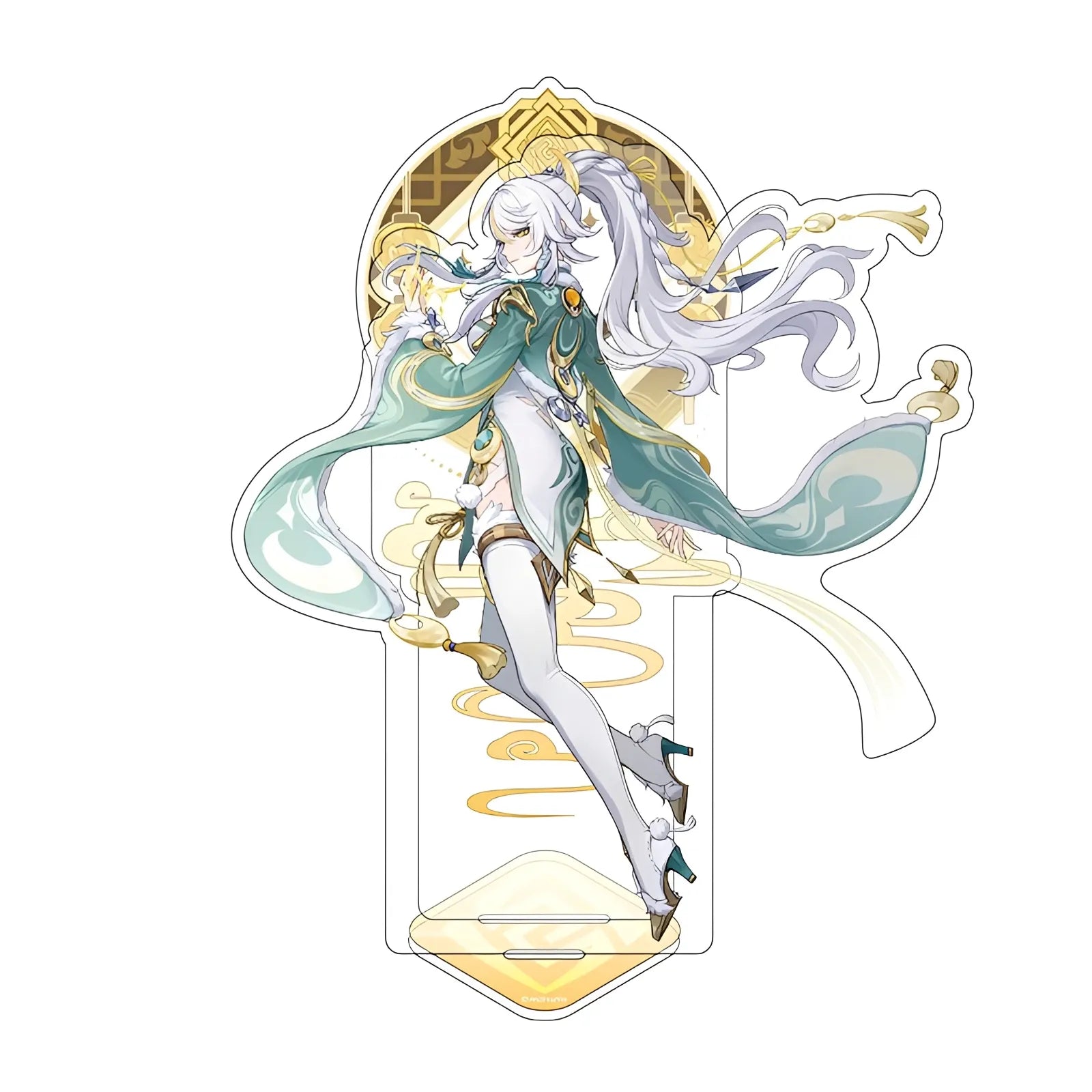 Official Genshin Impact Zibai merchandise collection featuring figures, acrylic stands, badges, keychains, and plush toys