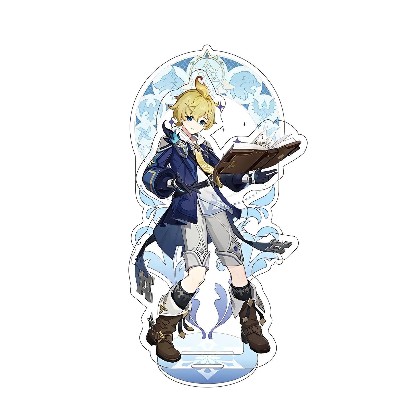 Official Genshin Impact Mika merchandise collection featuring figures, acrylic stands, badges, keychains, and plush toys