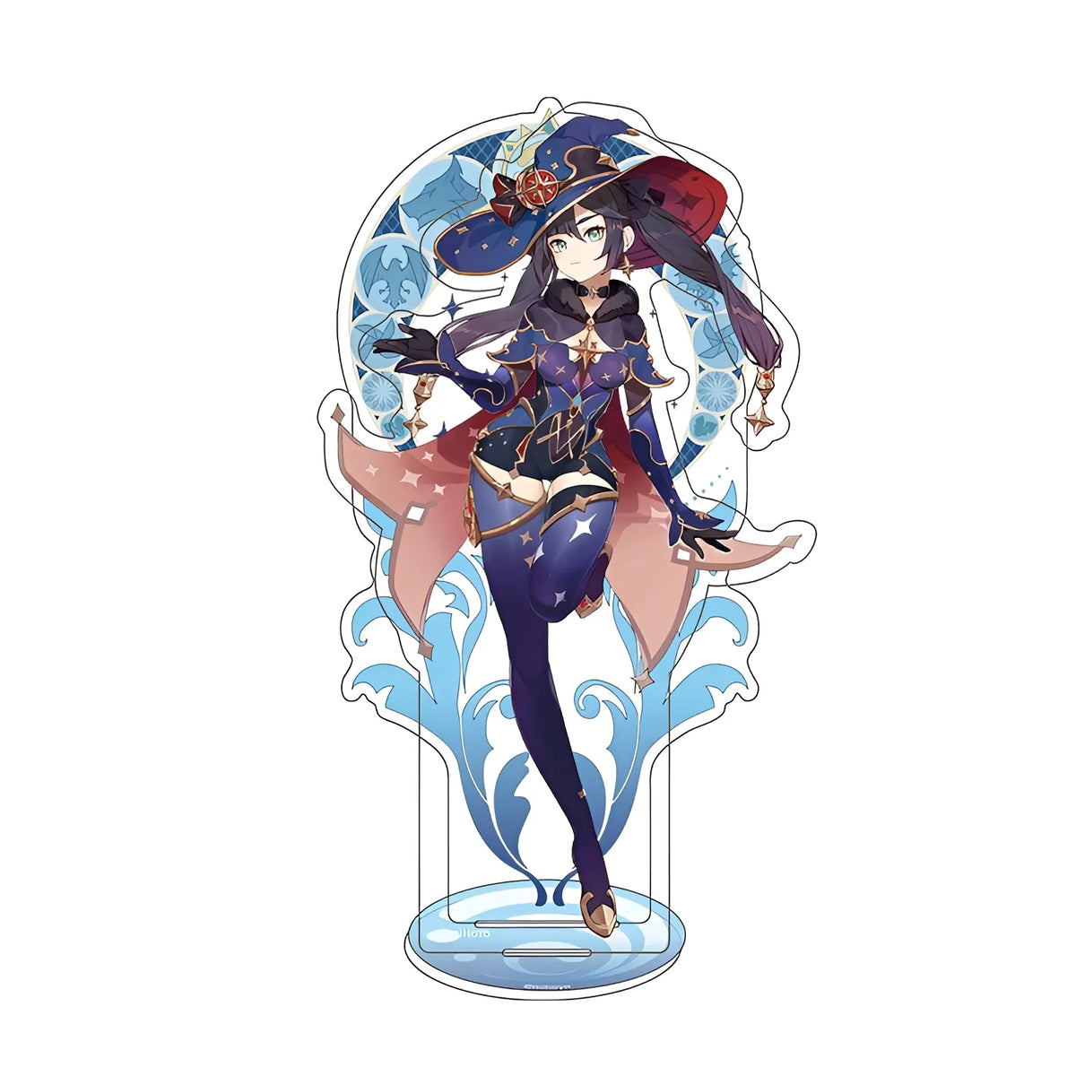 Official Genshin Impact Mona merchandise collection featuring figures, acrylic stands, badges, keychains, and plush toys