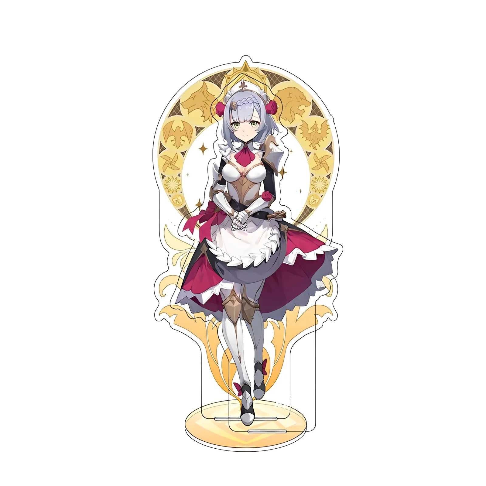 Official Genshin Impact Noelle merchandise collection featuring figures, acrylic stands, badges, keychains, and plush toys