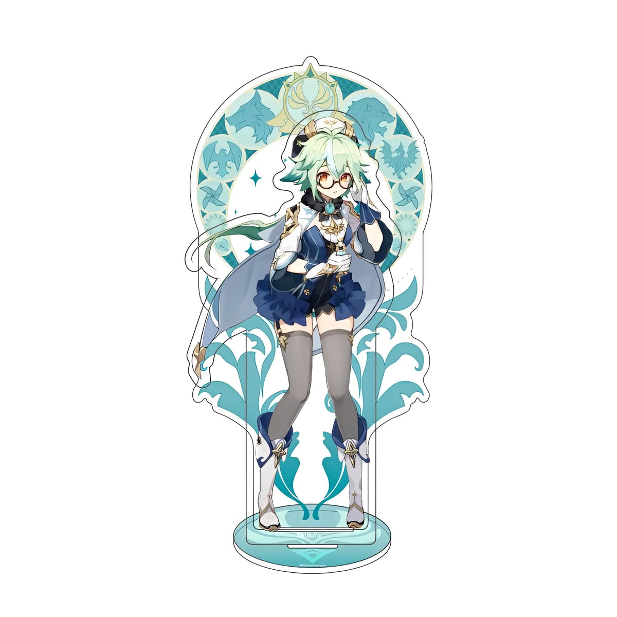 Official Genshin Impact Sucrose merchandise collection featuring figures, acrylic stands, badges, keychains, and plush toys