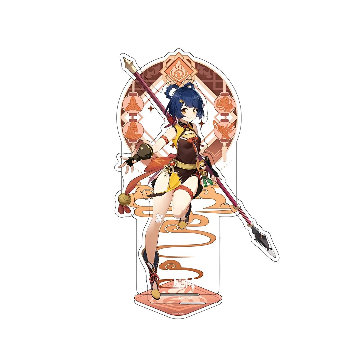 Official Genshin Impact Xiangling merchandise collection featuring figures, acrylic stands, badges, keychains, and plush toys
