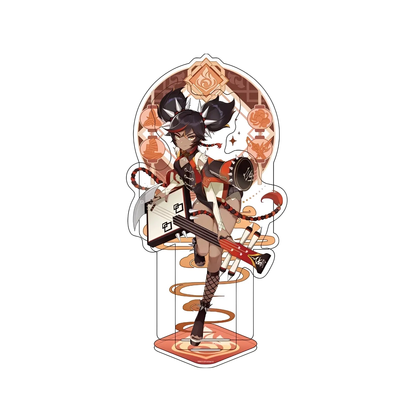 Official Genshin Impact Xinyan merchandise collection featuring figures, acrylic stands, badges, keychains, and plush toys