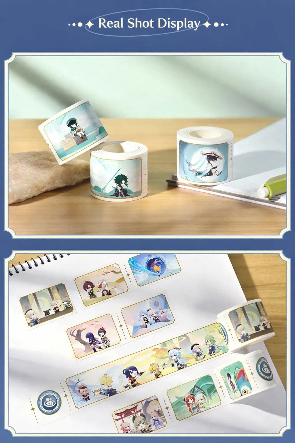 Genshin Impact Dream of Stars washi tape full pattern preview with multiple chibi scenes