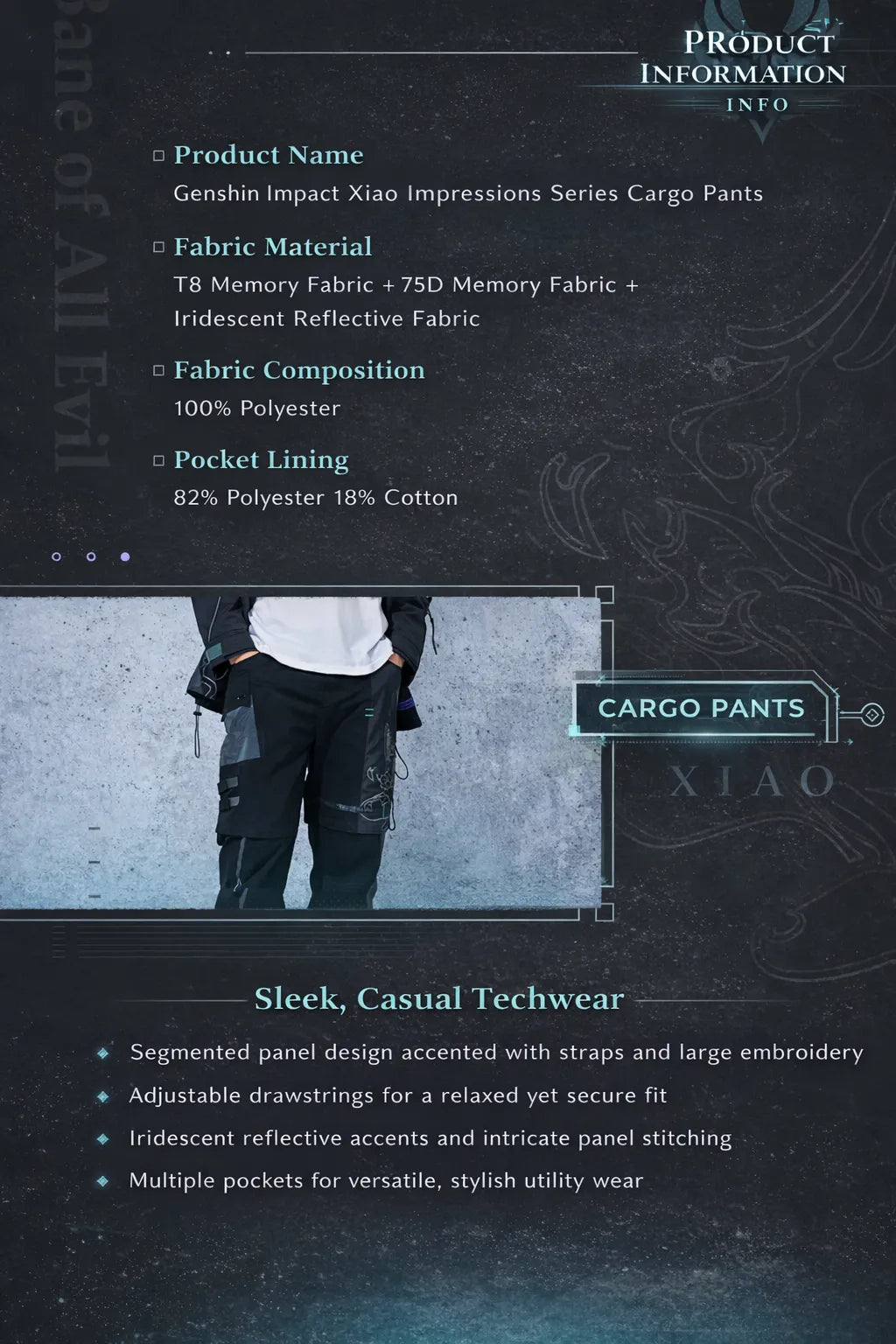 Genshin Impact Xiao cargo pants model detail side view techwear