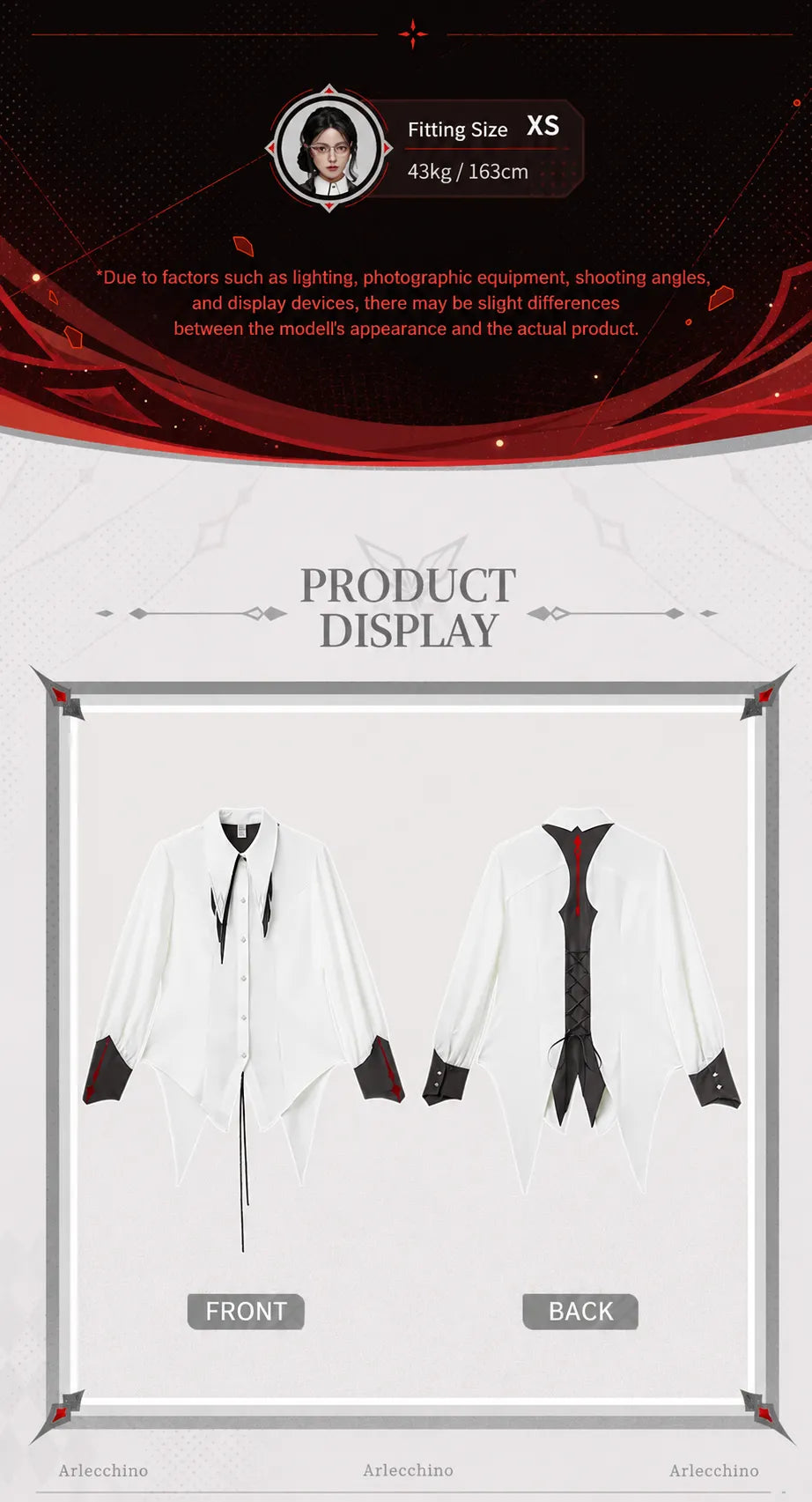 Arlecchino themed shirt elongated cuff and sleeve design details