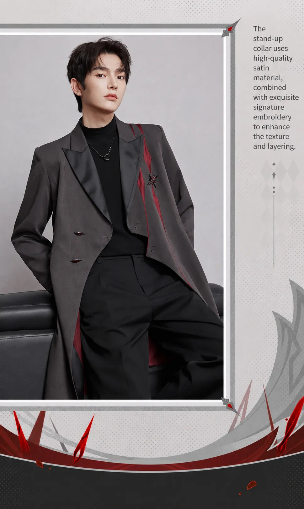 Arlecchino themed long coat back embroidery and contrasting panel details