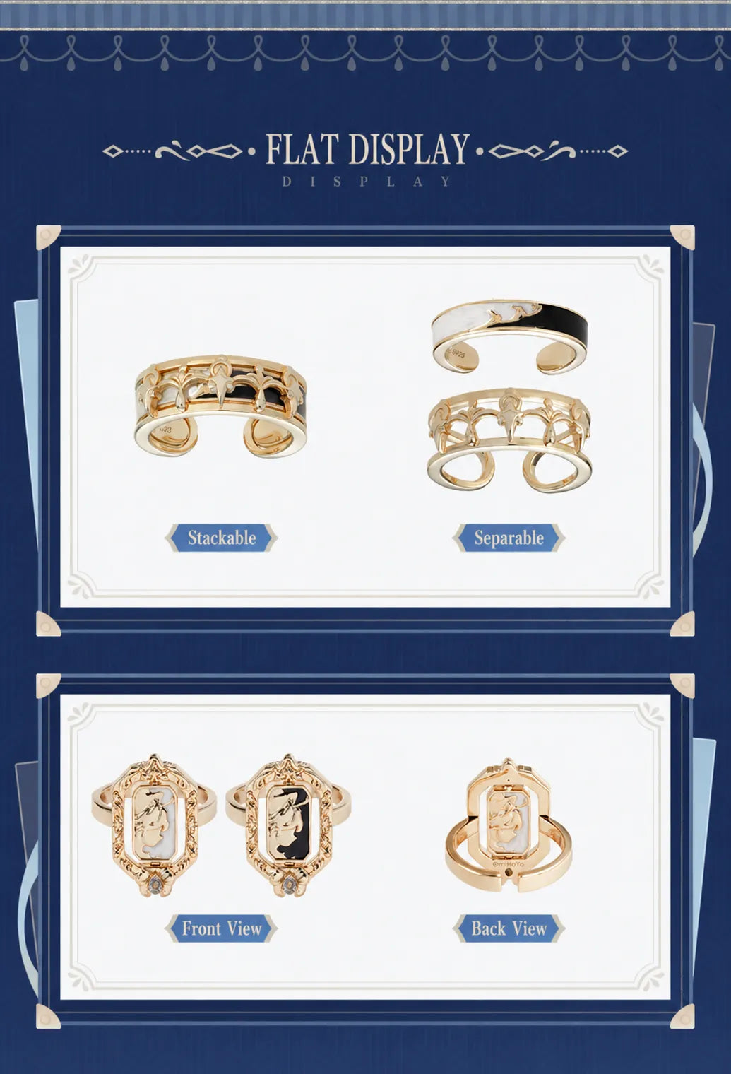 Furina themed ring collection flat lay display