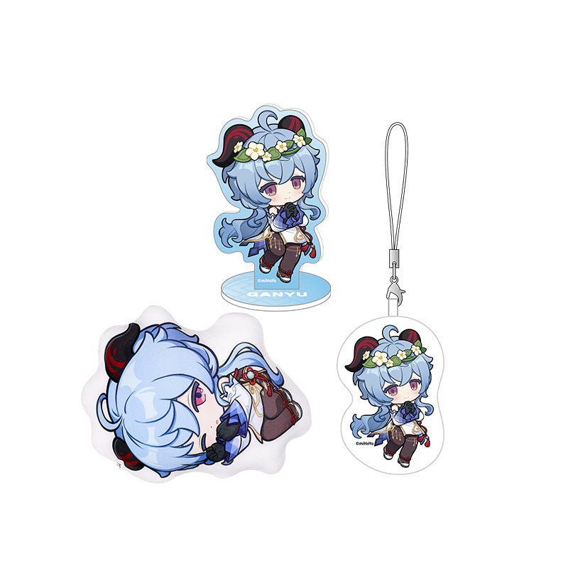 genshin impact ganyu themed star series items including pillow keychain and acrylic stand aesthetic display