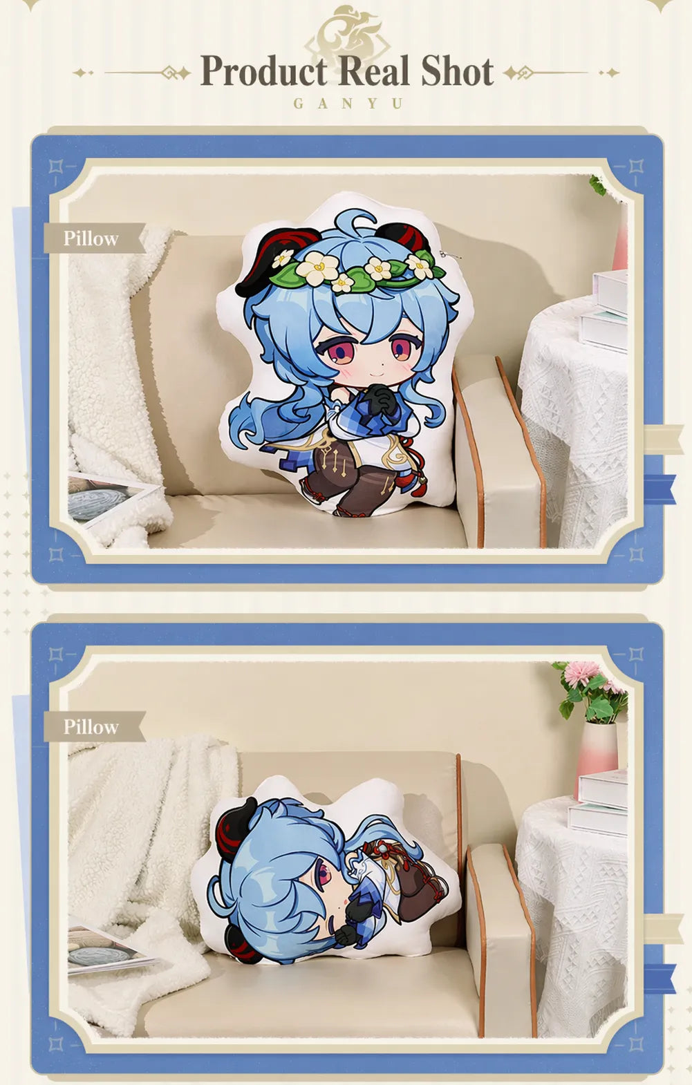 product size reference showing scale of pillow stand and keychain items
