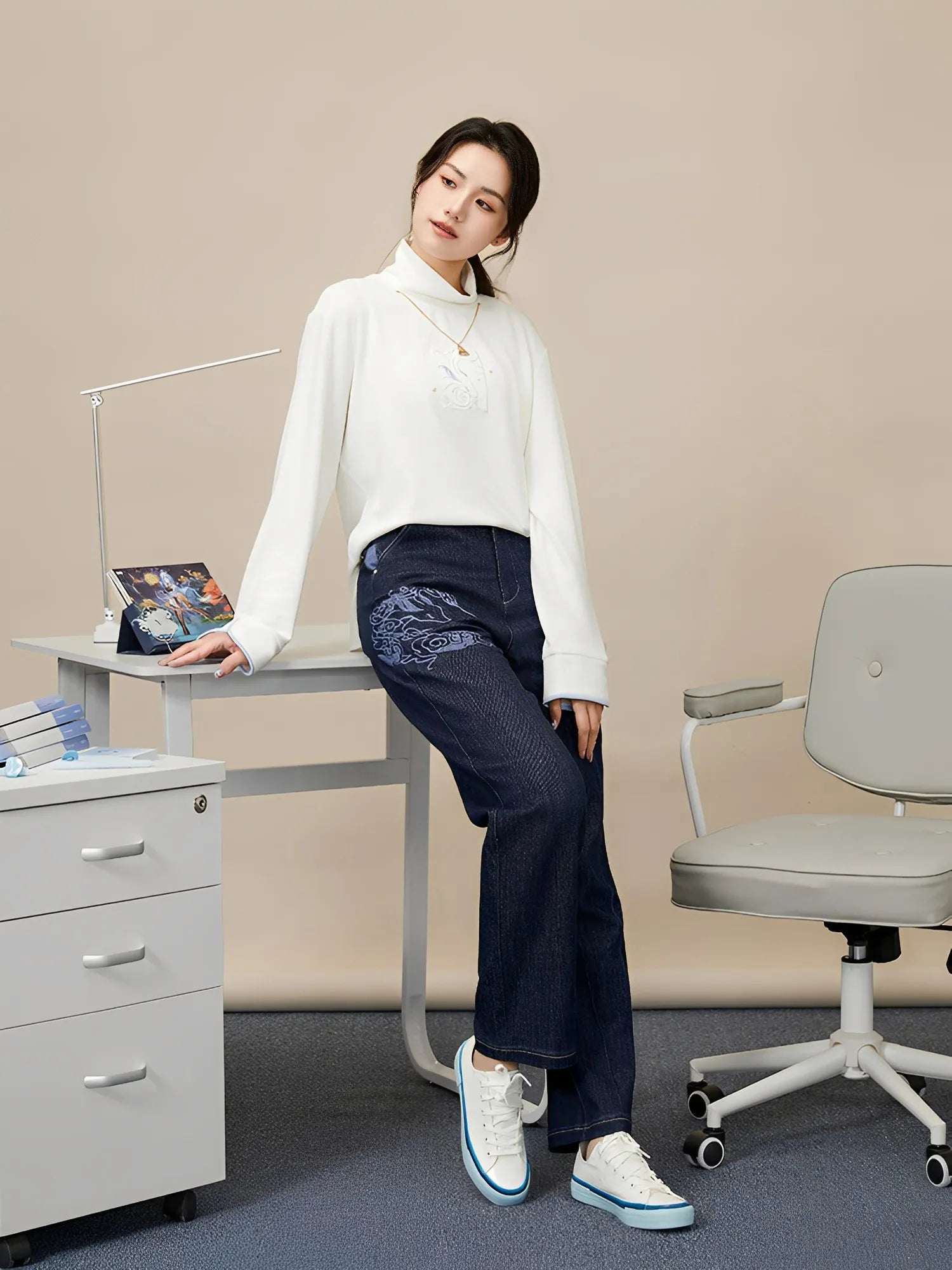 Genshin Impact Ganyu themed outfit pairing denim jeans cardigan styling complete set