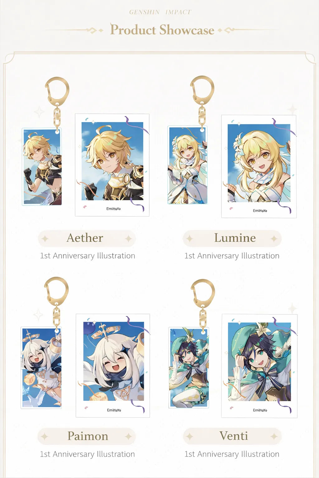 Genshin Impact 1st Anniversary keychain and photo set Venti Zhongli Raiden Shogun Aether Lumine Paimon
