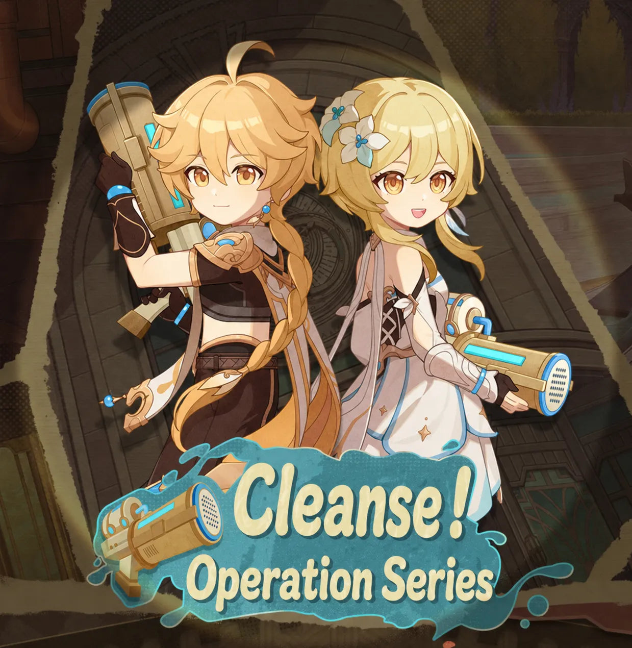 Genshin Impact Cleanse Operation Series full product lineup display including badges card sets and tape