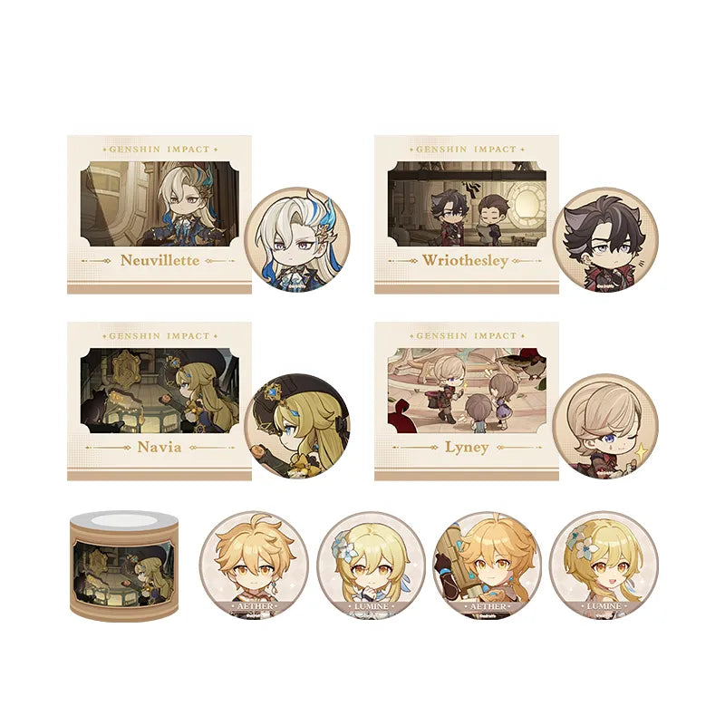Genshin Impact Cleanse Operation Series merchandise collection overview with badges card sets and washi tape