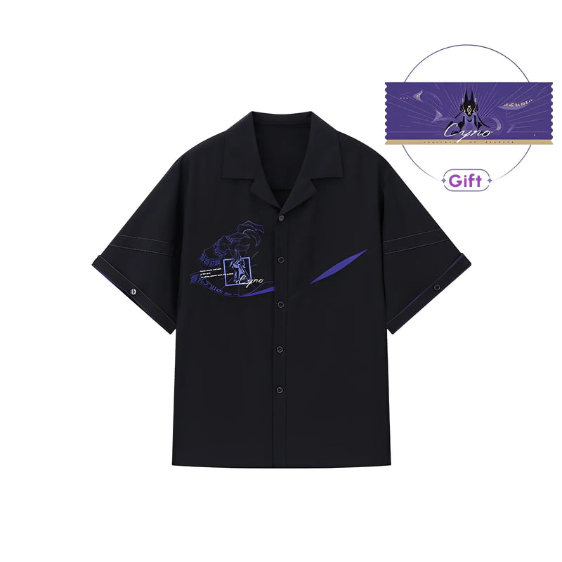 genshin impact cyno short sleeve shirt front view black loose fit product flat lay
