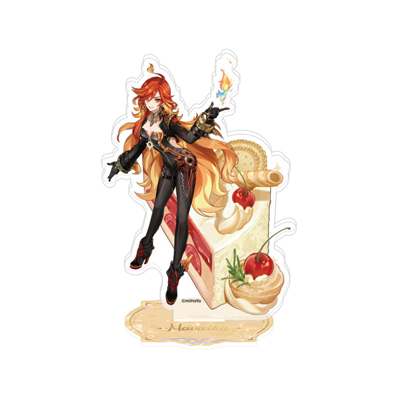 Genshin Impact 4th Anniversary Mavuika acrylic stand with anniversary dessert themed collectible display design