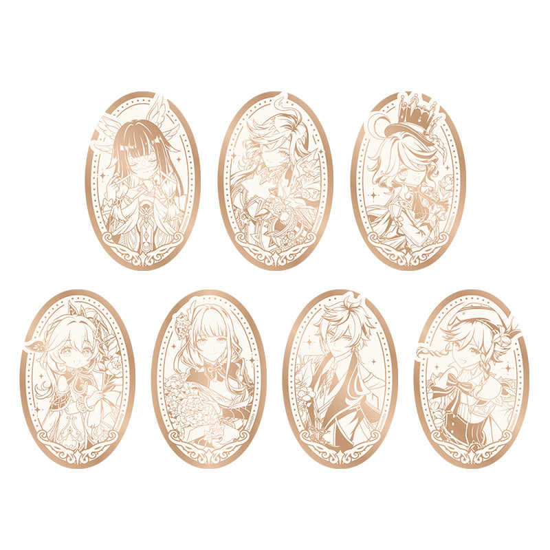 Genshin 5th Anniversary mirror badge collection featuring Venti Zhongli Raiden Shogun Nahida Furina Mavuika and Columbina