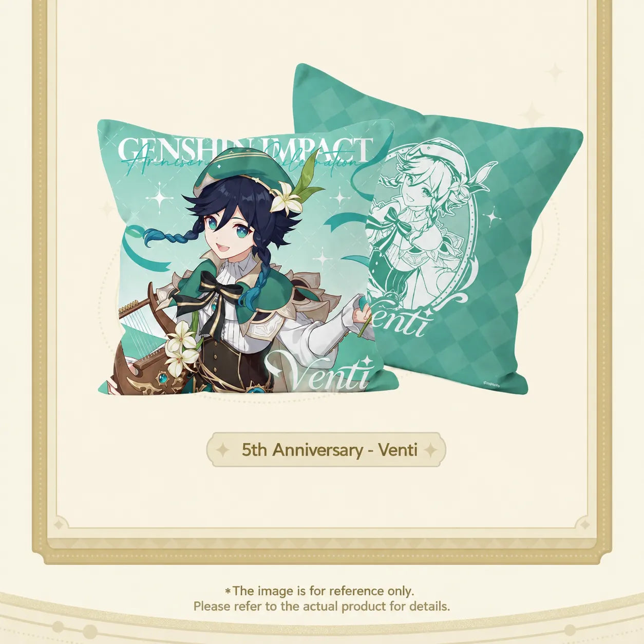 Genshin Impact 5th Anniversary Celebration Series pillows displayed as anime themed room decor
