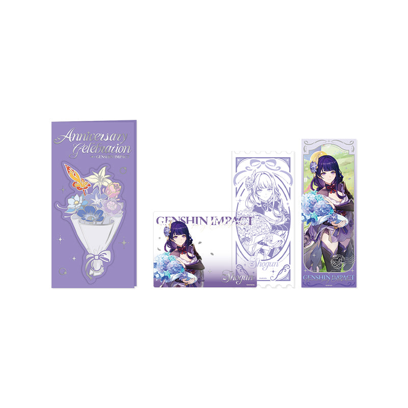 Genshin 5th Anniversary Raiden Shogun commemorative ticket card set with elegant anniversary themed design