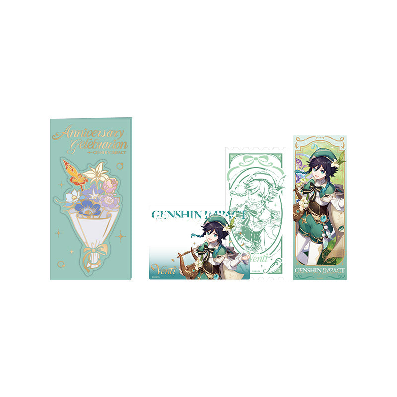 Genshin 5th Anniversary Venti commemorative ticket card set with holographic ticket photo card and bouquet envelope