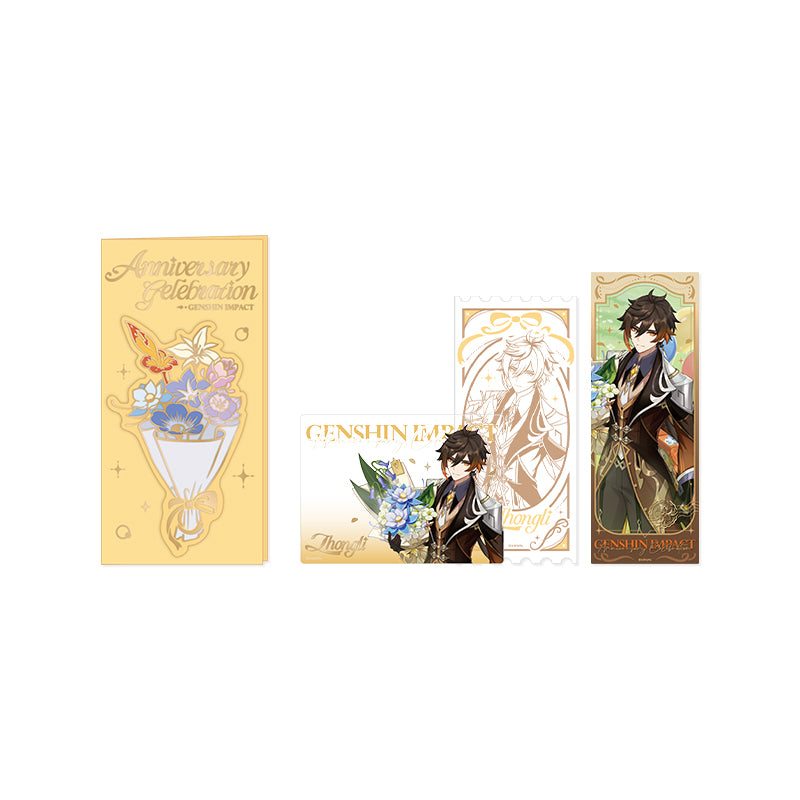 Genshin 5th Anniversary Zhongli ticket card set featuring commemorative artwork and collectible paper items