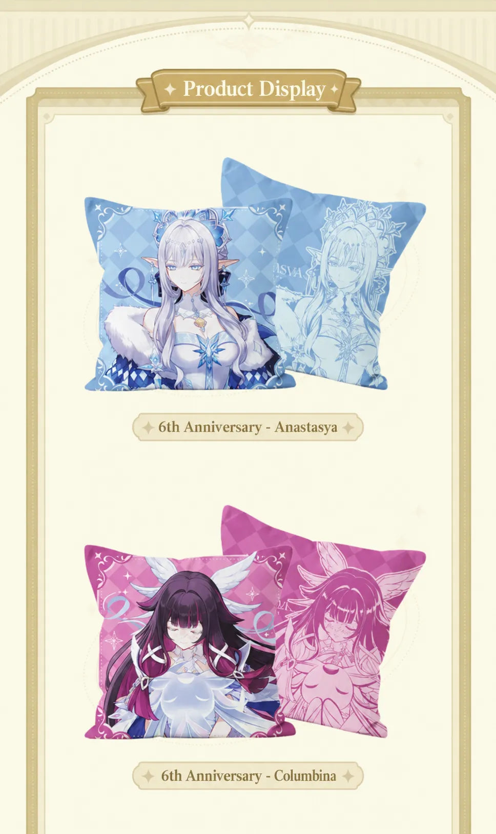 Genshin Impact 6th Anniversary character pillow featuring Anastasya and Columbina