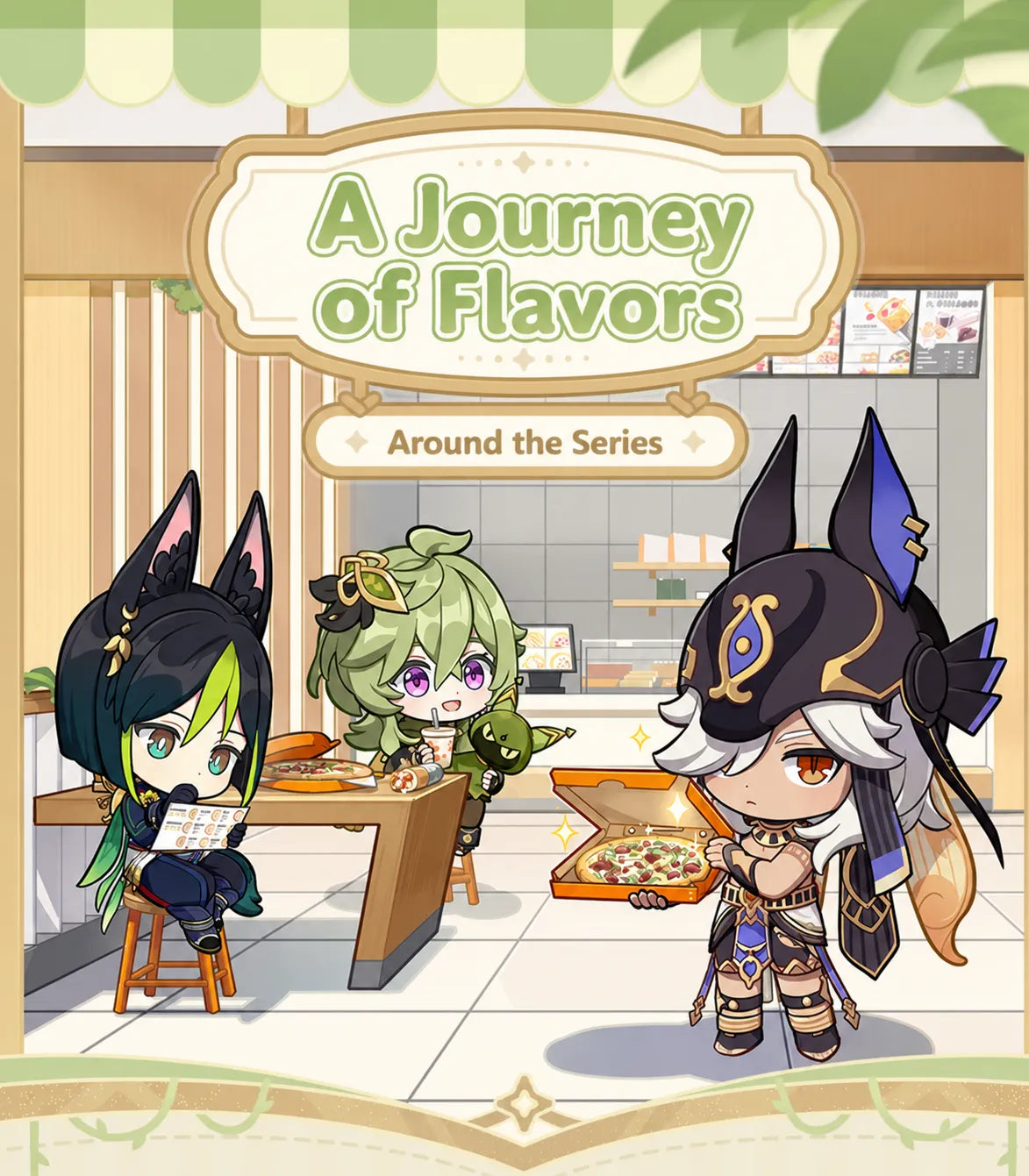 Genshin Impact A Journey of Flavors Series merchandise overview featuring acrylic stands and keychains of Tighnari Cyno and Collei