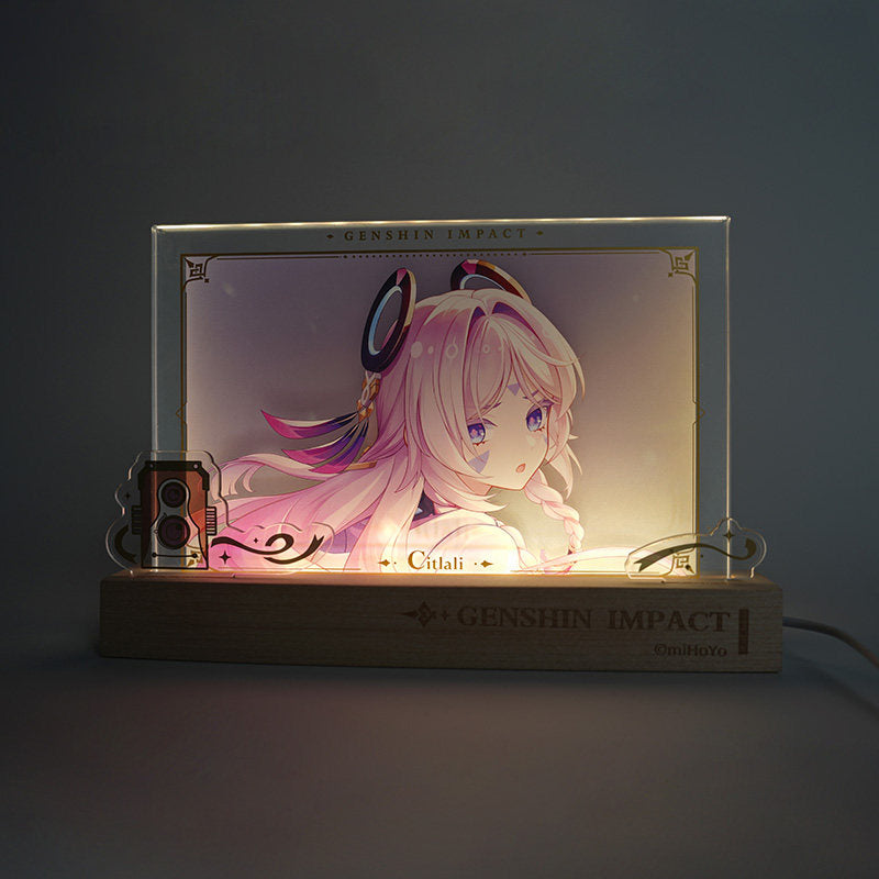 Genshin Impact acrylic PV series framed artwork with wooden light-up base display
