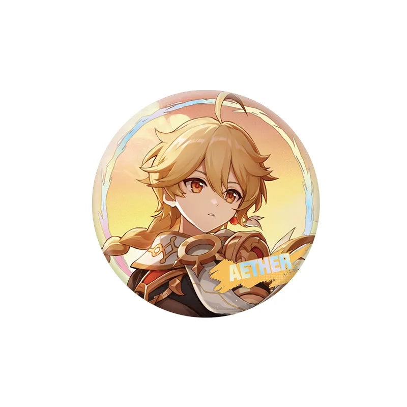 Genshin Impact Aether character badge with holographic finish and themed artwork