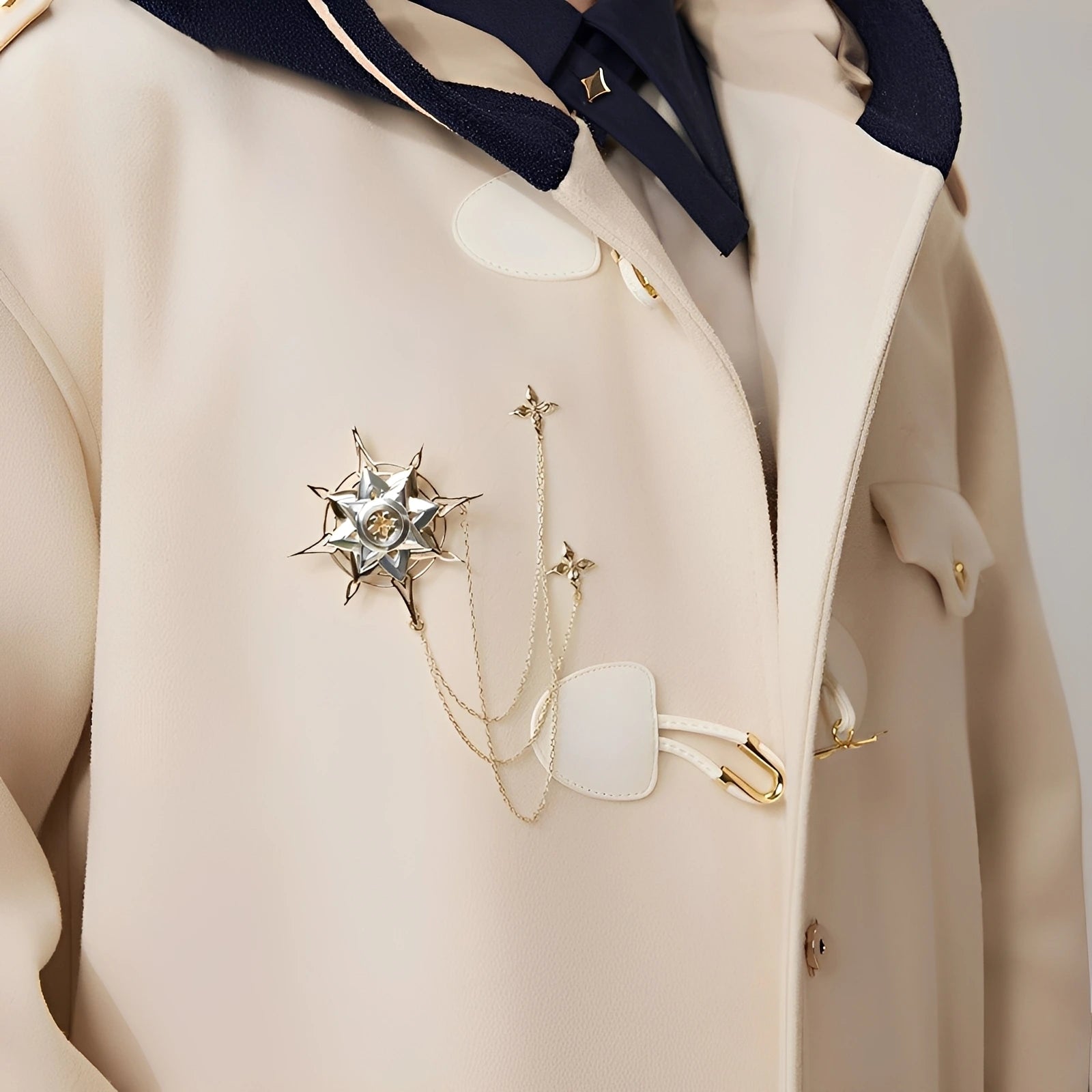 Model wearing Genshin Impact Albedo Theme Impression brooch on beige coat, showcasing layered chains and elegant fantasy styling