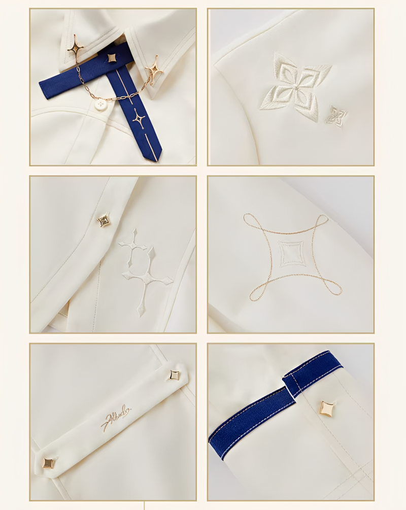 Detail collage showing collar, embroidery, buttons, and cuff design of Albedo shirt