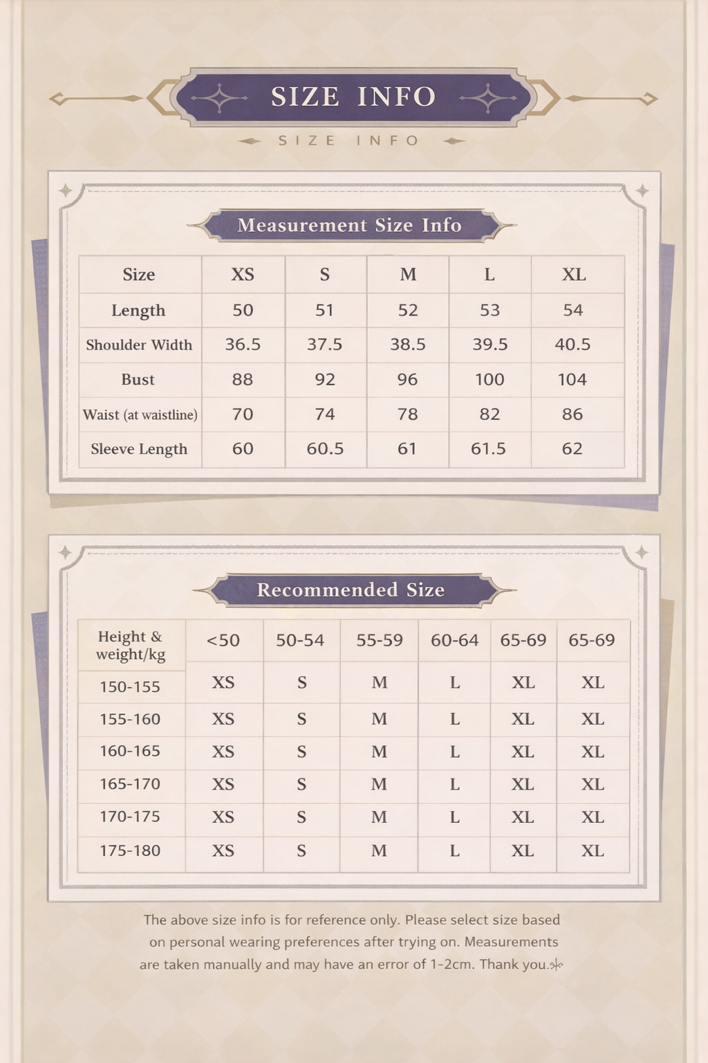 Size chart for Albedo waist-fitted shirt including measurements and recommended size guide