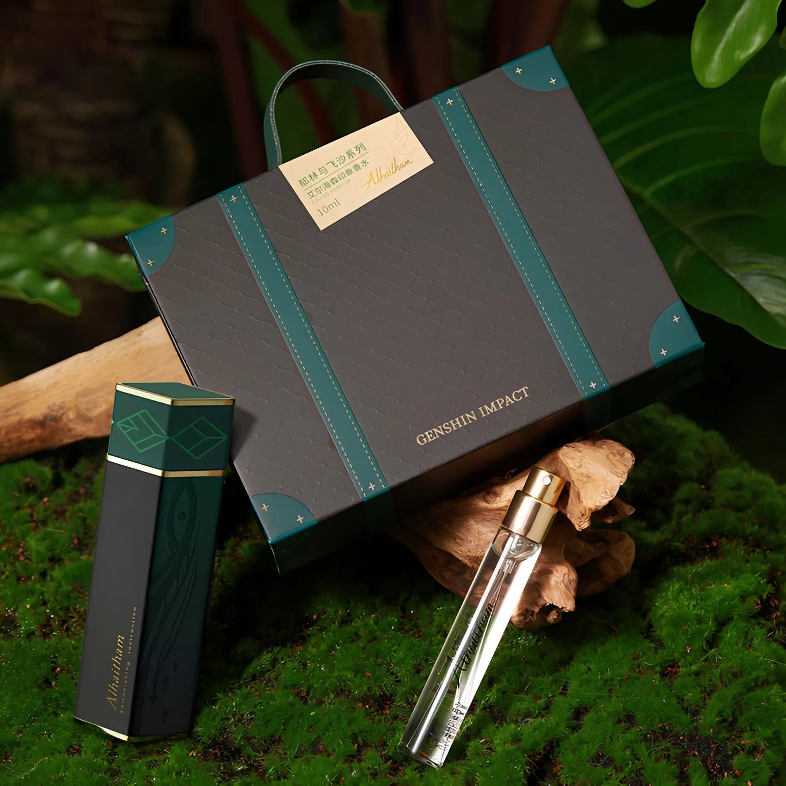 Alhaitham fragrance travel kit packaging box and 10ml perfume bottle close view product styling