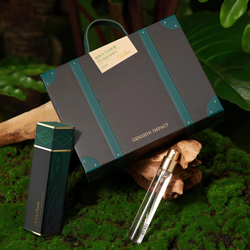 Alhaitham fragrance travel kit packaging box and 10ml perfume bottle close view product styling