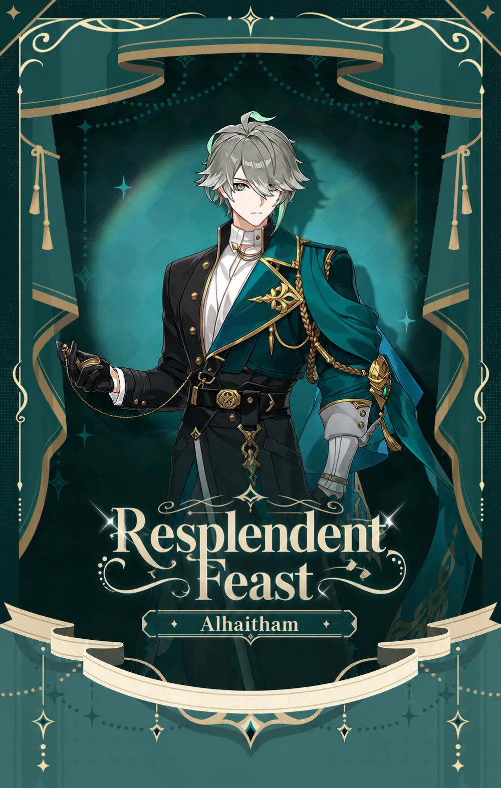 Genshin Impact Alhaitham Resplendent Feast series visual banner with elegant emerald themed artwork