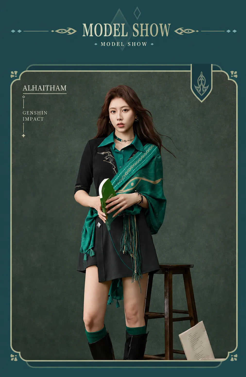 Female model wearing the Genshin Impact Alhaitham themed shoulder scarf