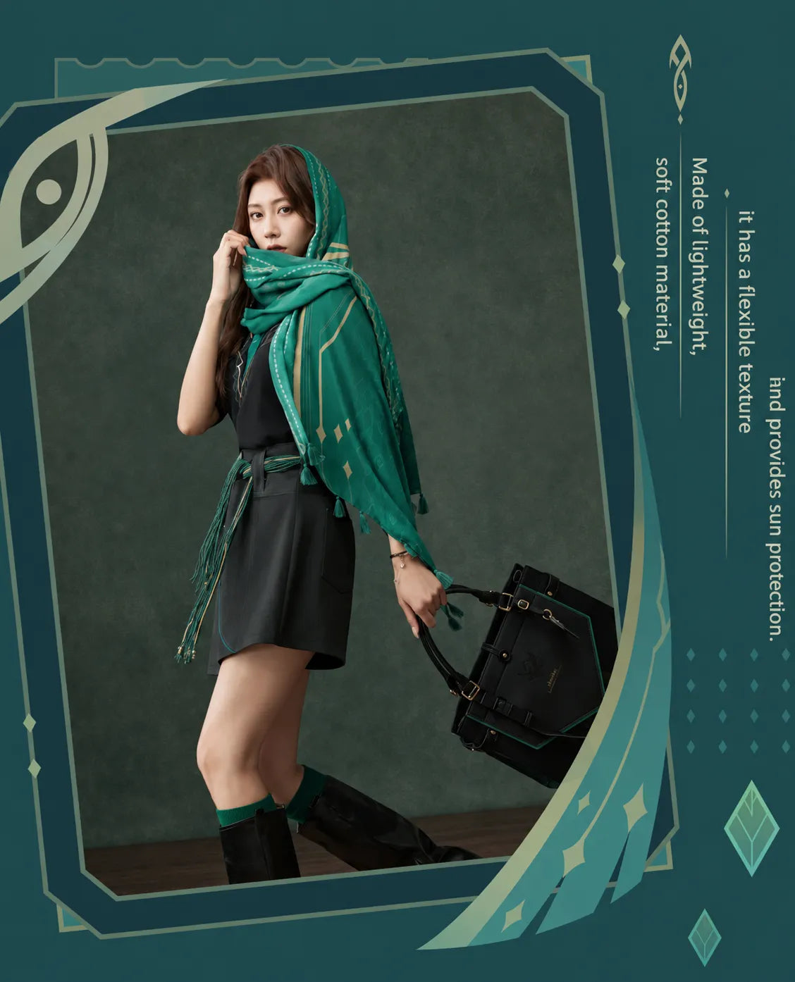 Alhaitham emerald shoulder scarf styled as a head and shoulder wrap