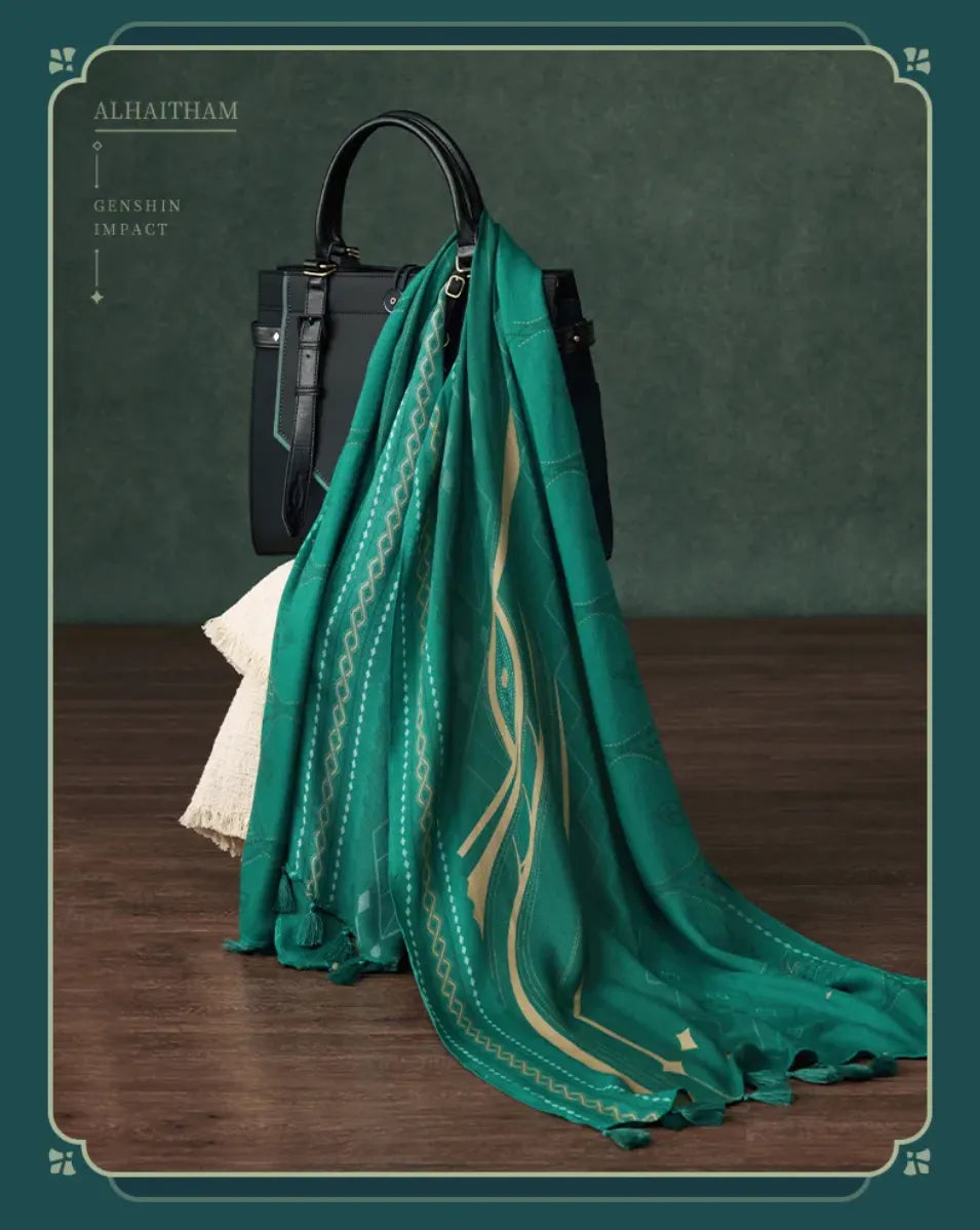 Alhaitham shoulder scarf showing decorative tassels and patterned fabric