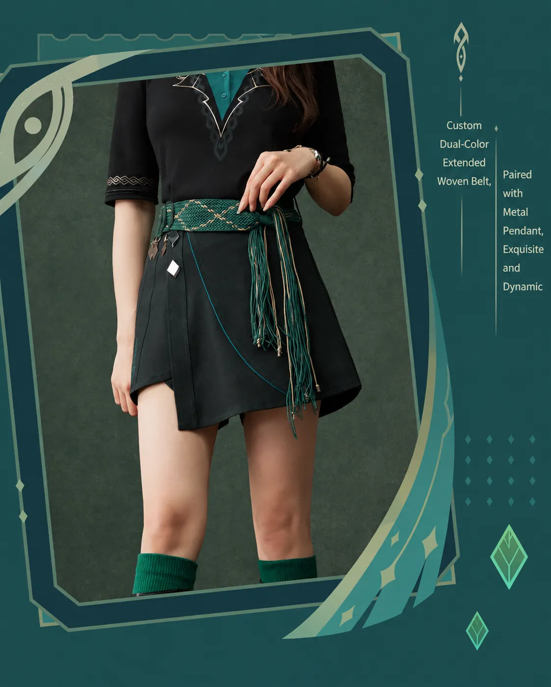 Alhaitham skort side embroidery and character-themed motif details