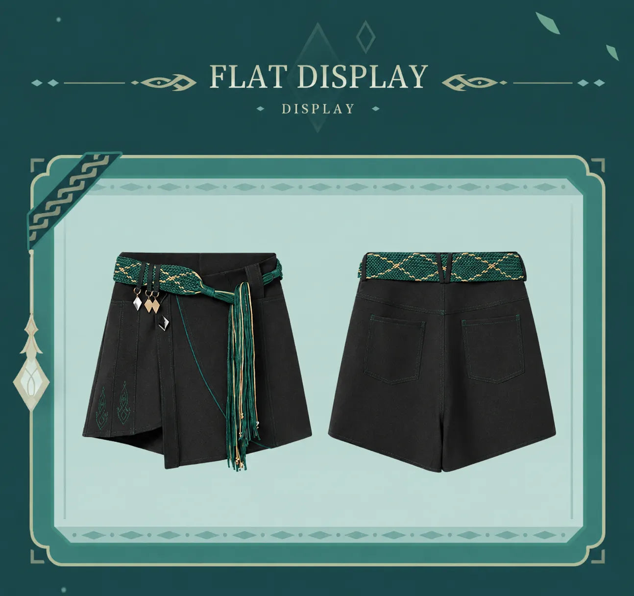 Alhaitham skort asymmetrical front design with green decorative accents
