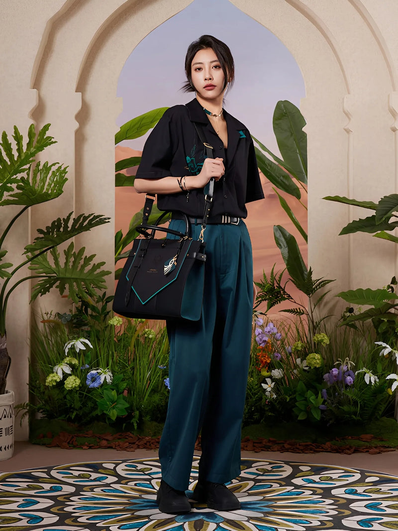 Genshin Alhaitham tote bag full body styling outfit black and green themed look