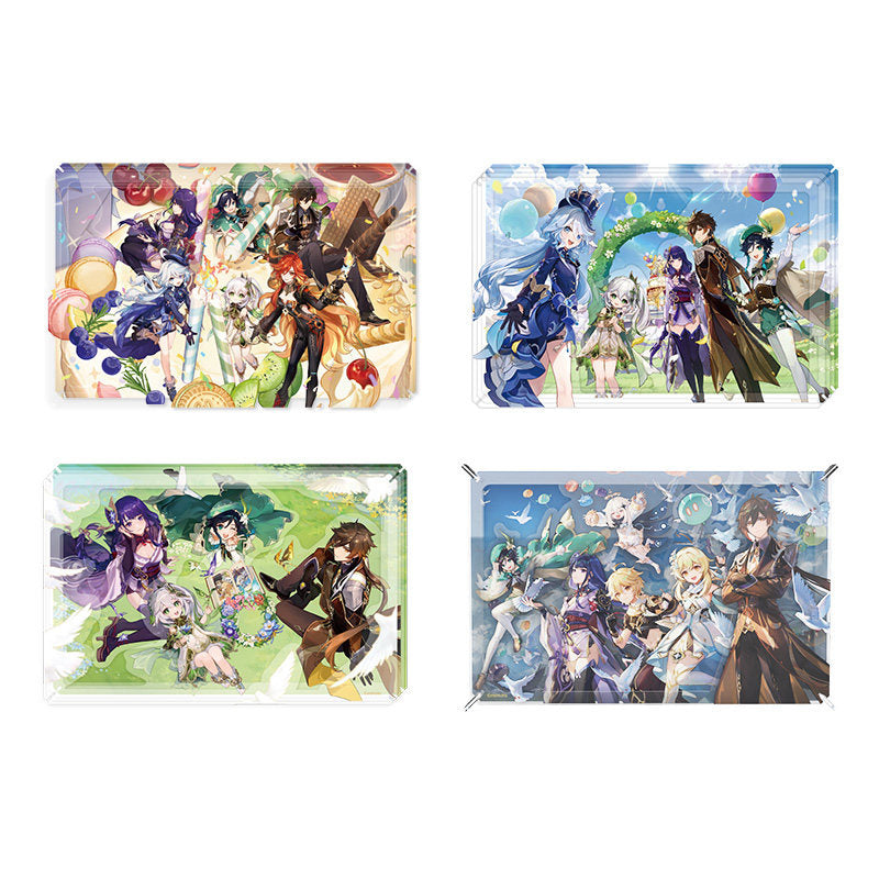 Genshin Impact anniversary acrylic art collection featuring 1st to 4th anniversary illustrations