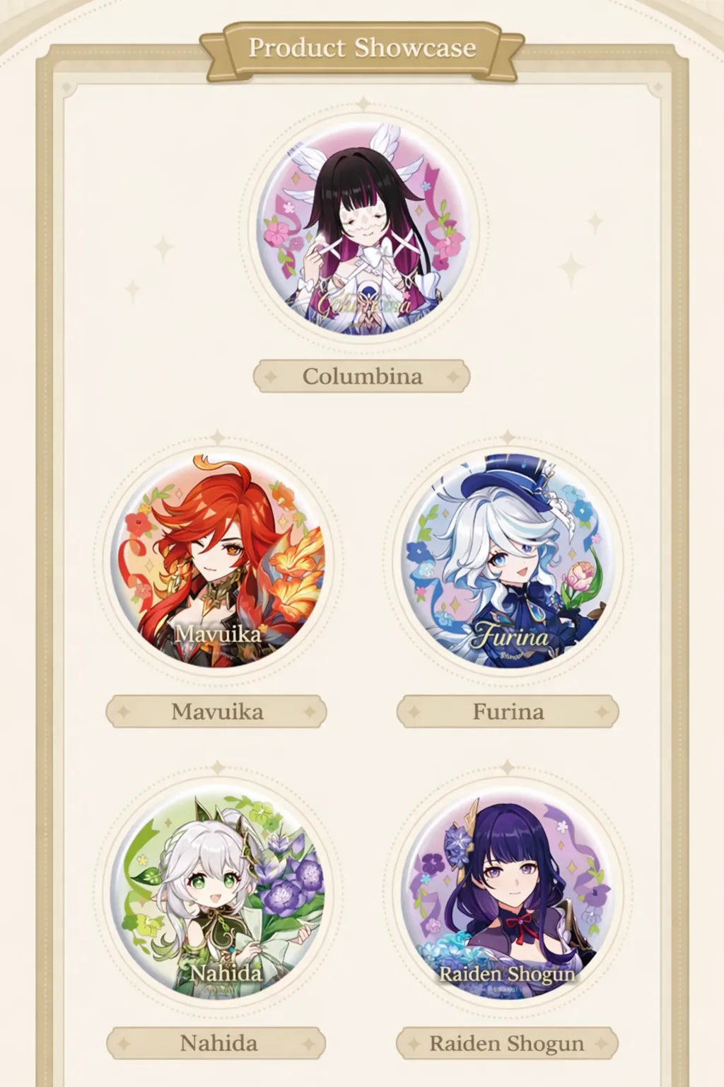 Genshin Impact anniversary character badges display featuring multiple anniversary editions