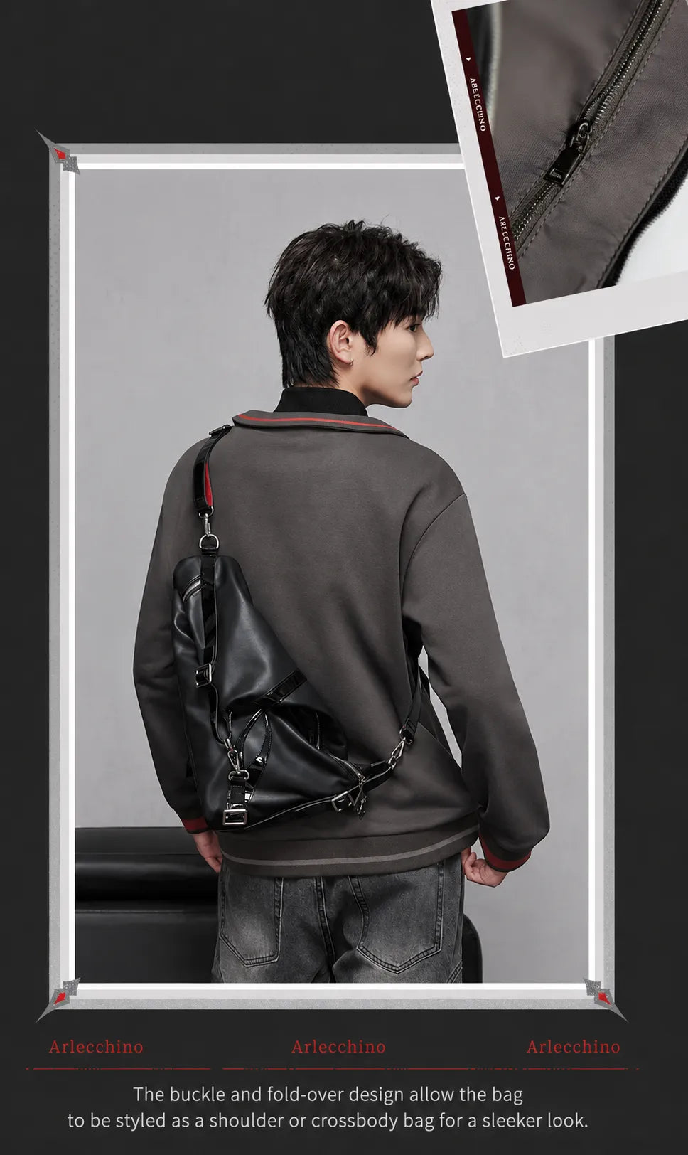 Arlecchino crossbody bag PU leather and zipper construction details